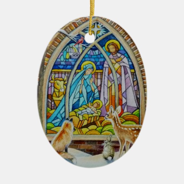 Animals & Nativity Stained Glass Watercolor Art  Ceramic Ornament (Front)
