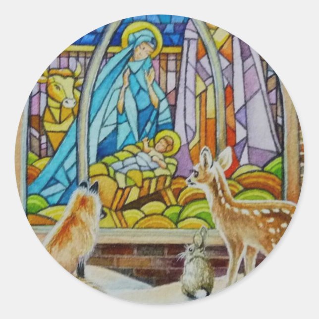 Animals & Nativity Stained Glass Watercolor Art Classic Round Sticker (Front)