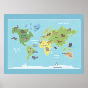 Animals of the World Map Poster