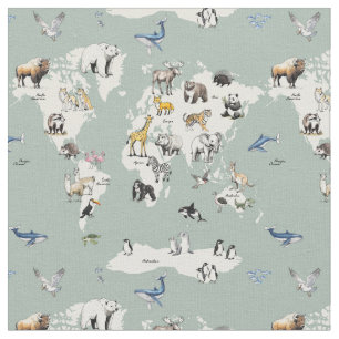 animals of the world nursery map - mint  fabric