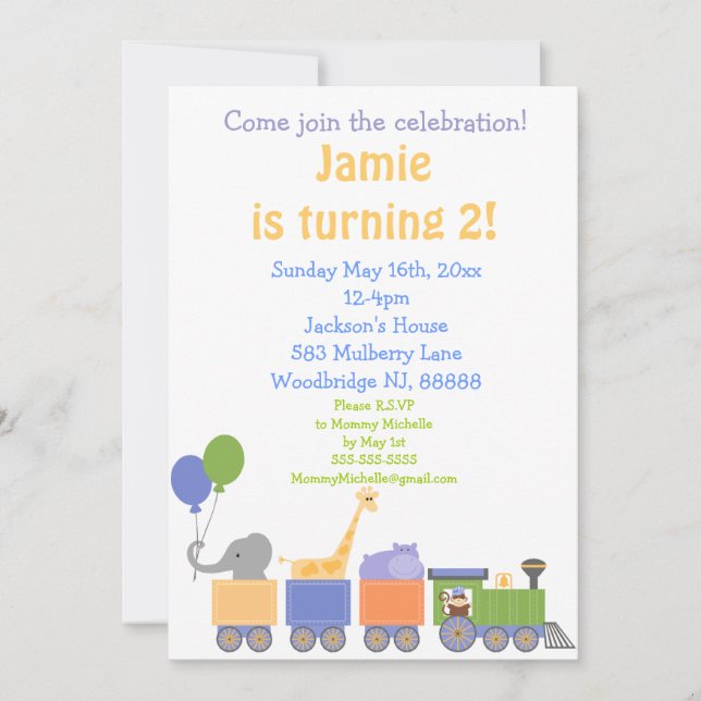 Animals On A Train Birthday Invitations (Front)