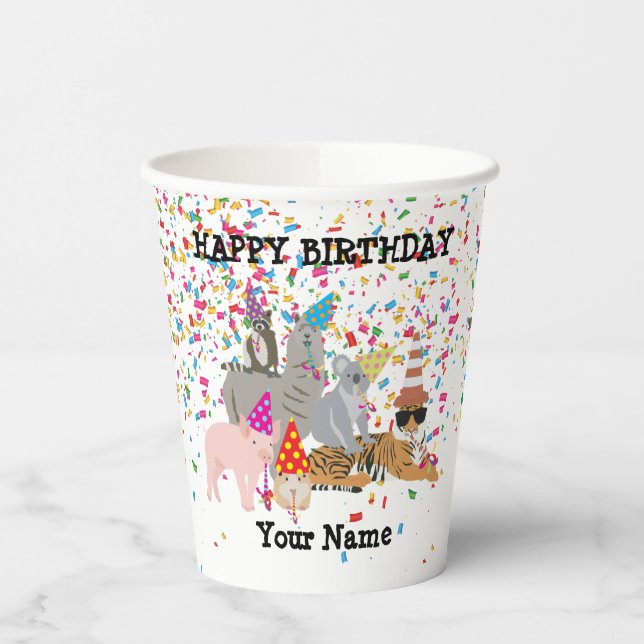 Animals Partying - Animals at Birthday Party Banne Paper Cups (Left)