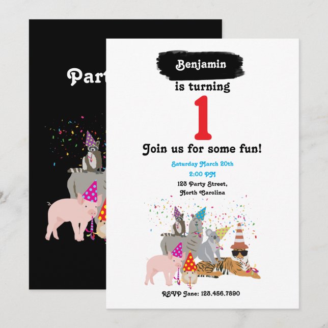 Animals Partying - Animals at Birthday Party Invitation (Front/Back)