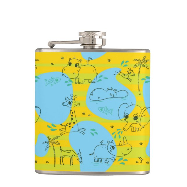 Animals playing baby pattern background hip flask (Front)