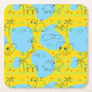 Animals playing baby pattern background square paper coaster