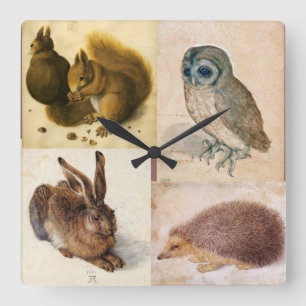 ANIMALS  / RABBIT ,OWL ,HEDGEHOG AND SQUIRRELS SQUARE WALL CLOCK