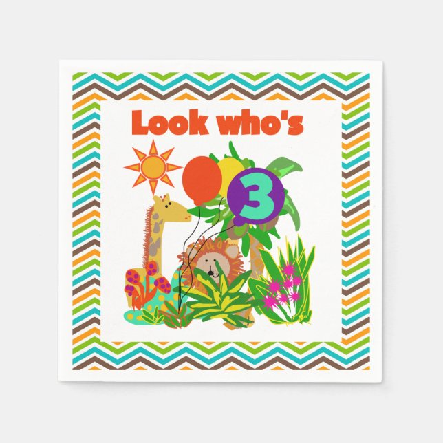 Animals Safari 3rd Birthday Paper Napkins (Front)
