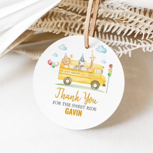 Animals School Bus Birthday Party Round Favour Tag