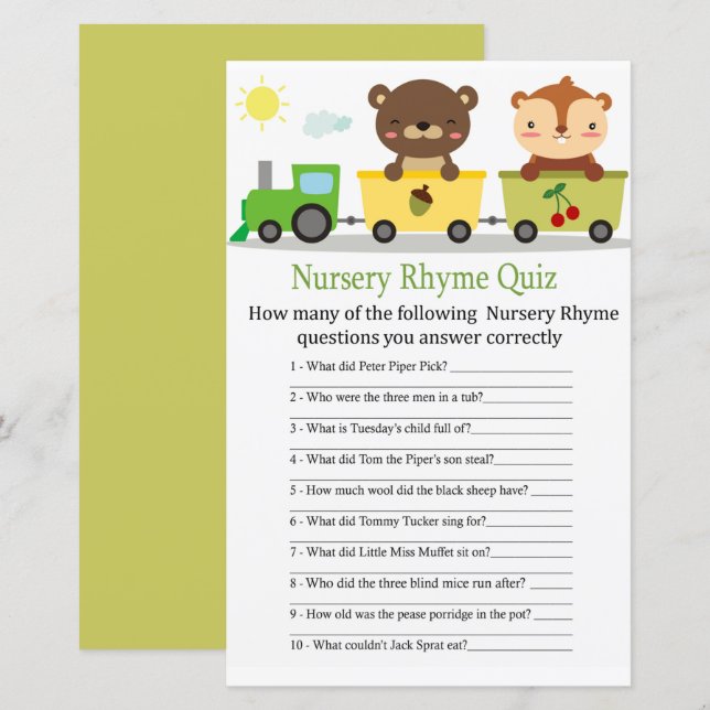 Animals train Nursery Rhyme Quiz baby shower game (Front/Back)