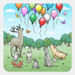Animals with Birthday Balloons Square Sticker