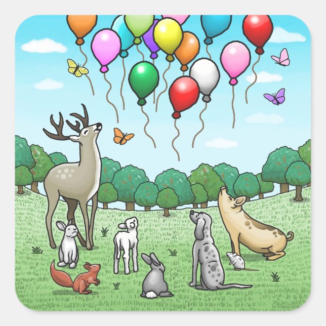 Animals with Birthday Balloons Square Sticker (Front)