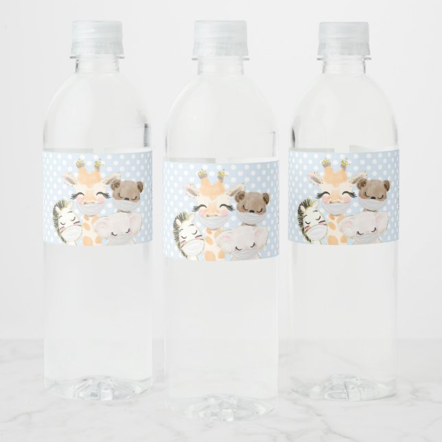 Animals With Masks Drive By Baby Shower Water Bottle Label (Bottles)