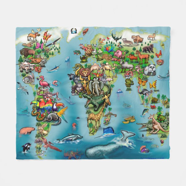 Animals World Map Fleece Blanket (Front (Horizontal))