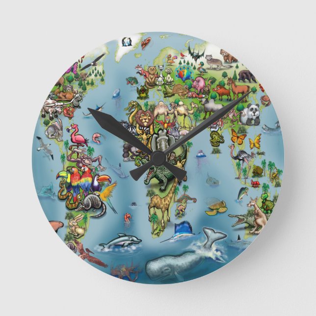 Animals World Map Round Clock (Front)