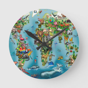 Animals World Map Round Clock