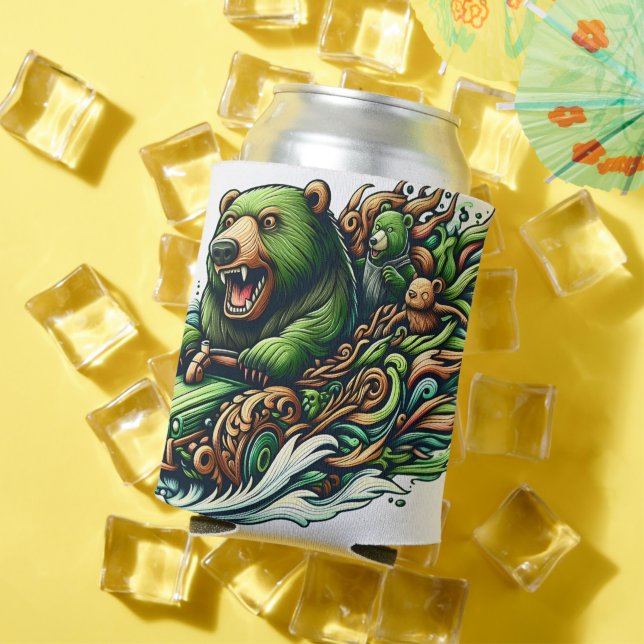 Animated Bears Riding a Green Car  Can Cooler (In Situ Summer)