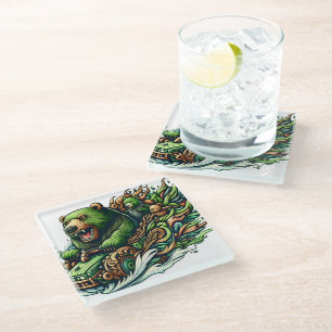 Animated Bears Riding a Green Car Glass Coaster