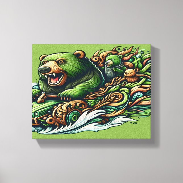 Animated Bears Riding a Green Car in a Vibra 12x16 Canvas Print (Front)