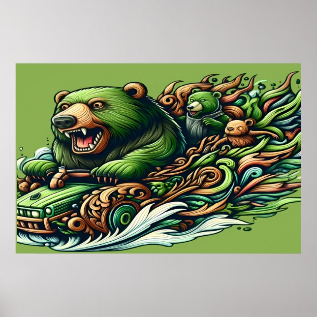Animated Bears Riding a Green Car in a Vibrant Fan Poster (Front)