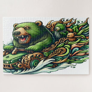 Animated Bears Riding a Green Car Jigsaw Puzzle