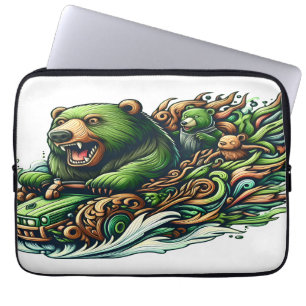 Animated Bears Riding a Green Car  Laptop Sleeve
