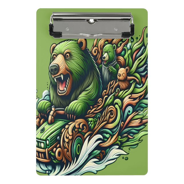 Animated Bears Riding a Green Car  Mini Clipboard (Front)