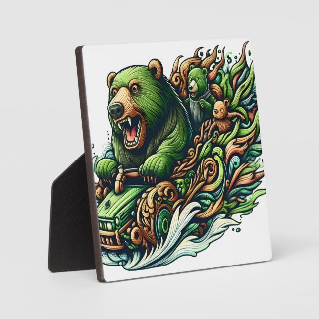 Animated Bears Riding a Green Car  Plaque (Front)
