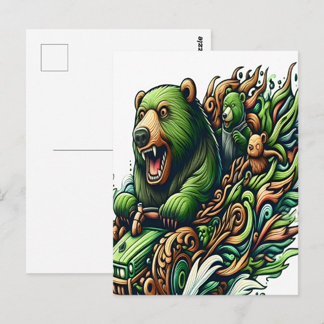 Animated Bears Riding a Green Car   Postcard (Front/Back)
