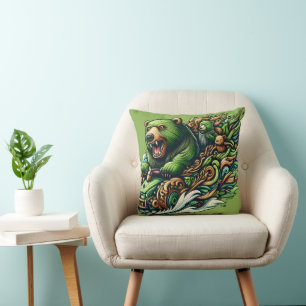 Animated Bears Riding a Green Car Throw Pillow