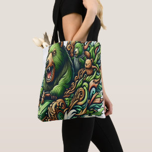 Animated Bears Riding a Green Car Tote Bag