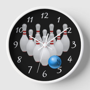 Animated bowling ball and pins round clock