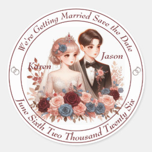 Animated Bride and Groom Save The Date  Classic Round Sticker