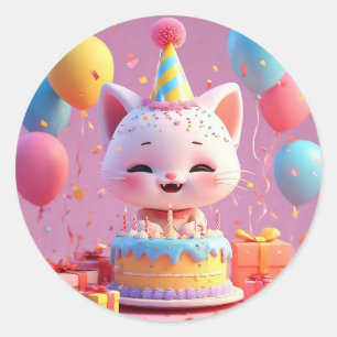 Animated Cat Celebrating a Birthday Party🎂✨ Classic Round Sticker