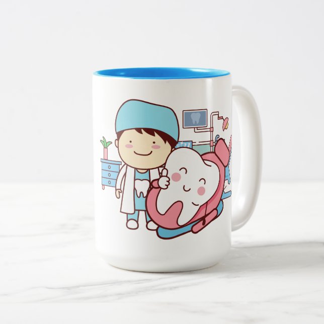 Animated dentist with tooth   Two-Tone coffee mug (Front Right)