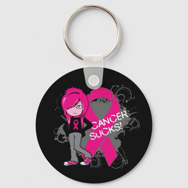 Animated Girl Breast Cancer Sucks Keychain (Front)