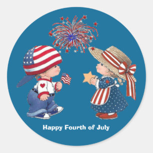 Animated July 4th children Classic Round Sticker