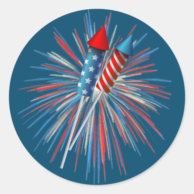 Animated July 4th fireworks and rockets Classic Round Sticker (Front)
