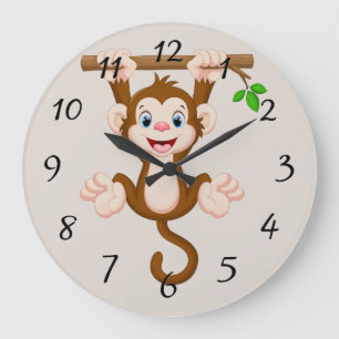 Animated Monkey hanging on branch Large Clock