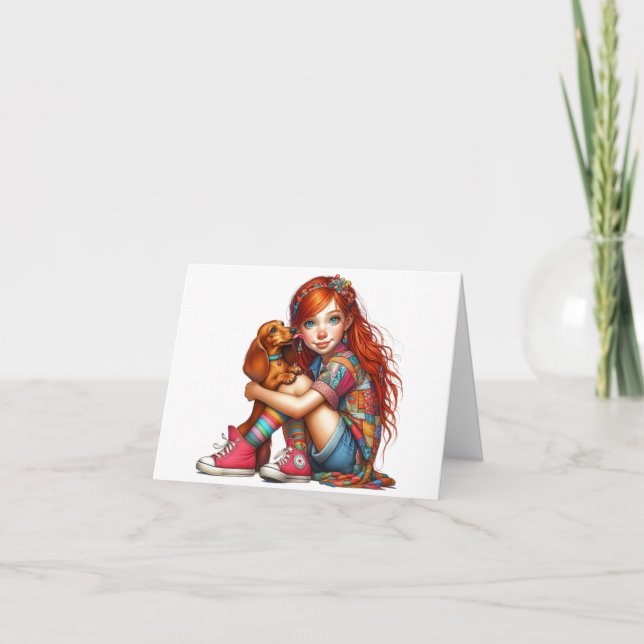 Animated Red Head with Dachshund Any Occasion Card (Front)