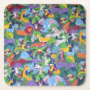 Animated Safari Animals Square Paper Coaster