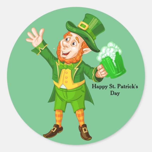 Animated St. Patrick's Day Leprechaun Classic Round Sticker (Front)