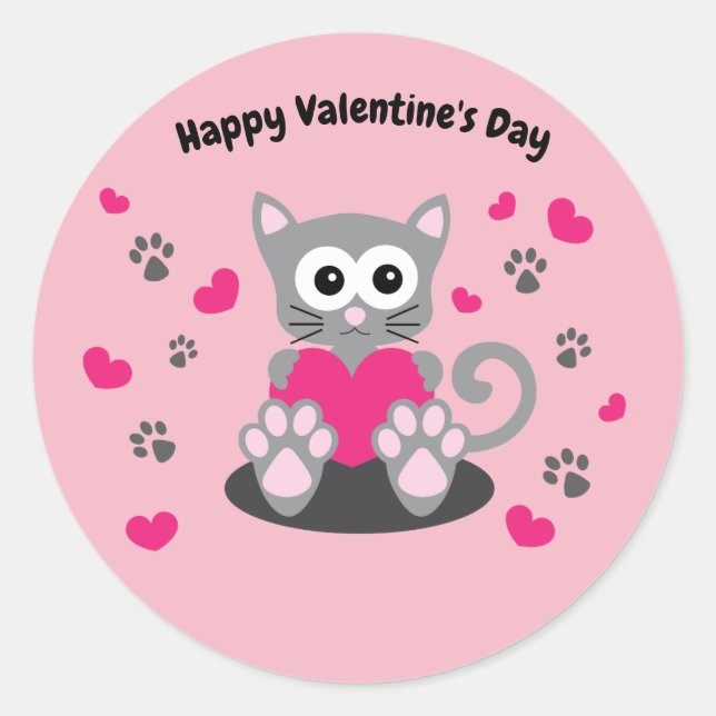 Animated Valentine's Day Cat Classic Round Sticker (Front)