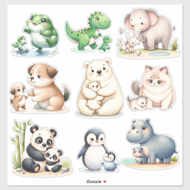 Animaux adorables Kawaii : Stickers bébé et mère (Feuille)