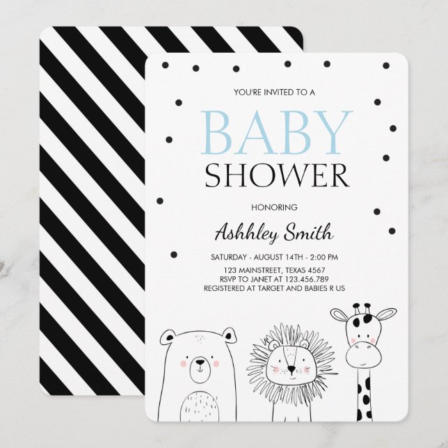 Animaux Baby shower invitation Zoo Safari bleu mod (Devant / Derrière)