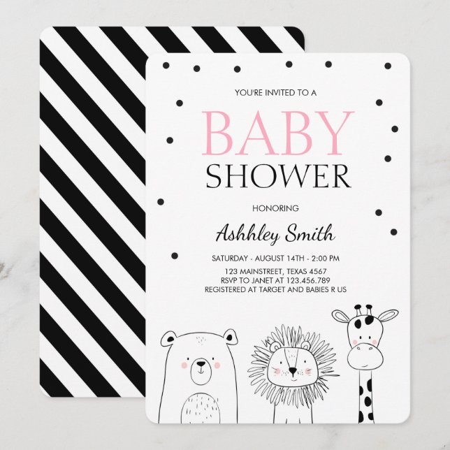 Animaux Baby shower invitation Zoo Safari rose mod (Devant / Derrière)