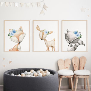 Animaux boisés, Animaux forestiers, Fleurs bleues