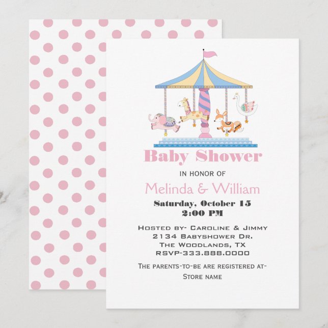 Animaux Carousel Baby Girl Douche Invitation (Devant / Derrière)