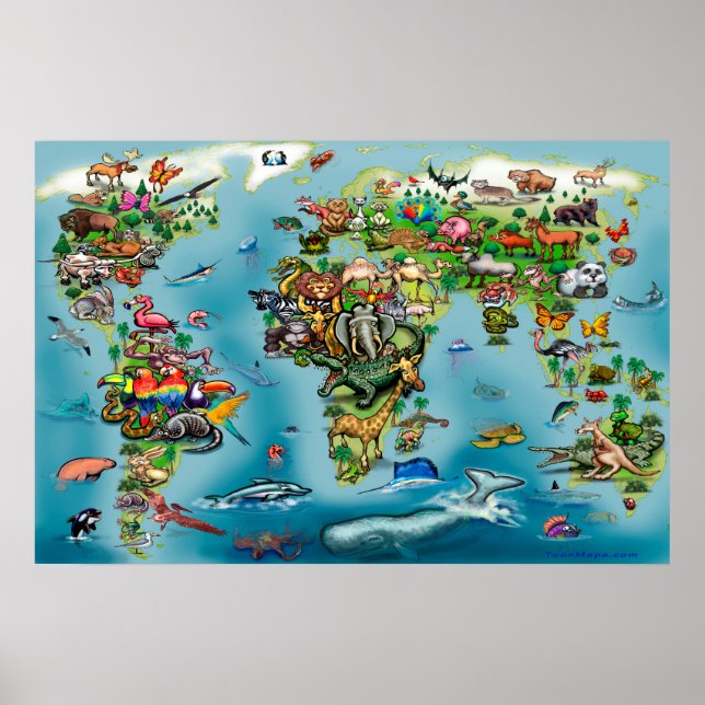 Animaux Carte du monde énorme Poster (Devant)