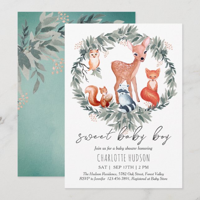 Animaux de bois Baby shower Invitation garçon (Devant / Derrière)
