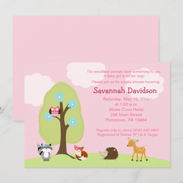 Animaux de bois Invitation Baby shower fille (Devant / Derrière)